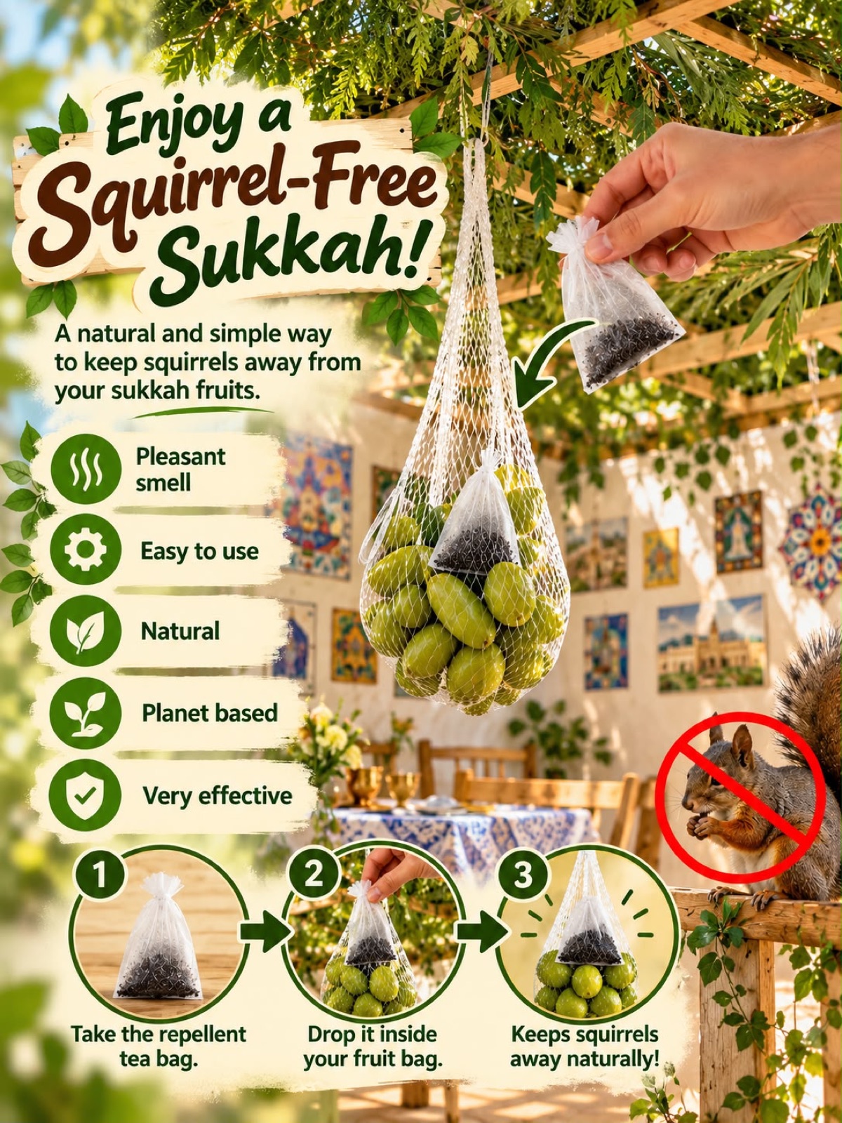 Enjoy a squirrel-free sukkah: a natural and simple way to keep squirrels away from your sukkah fruits