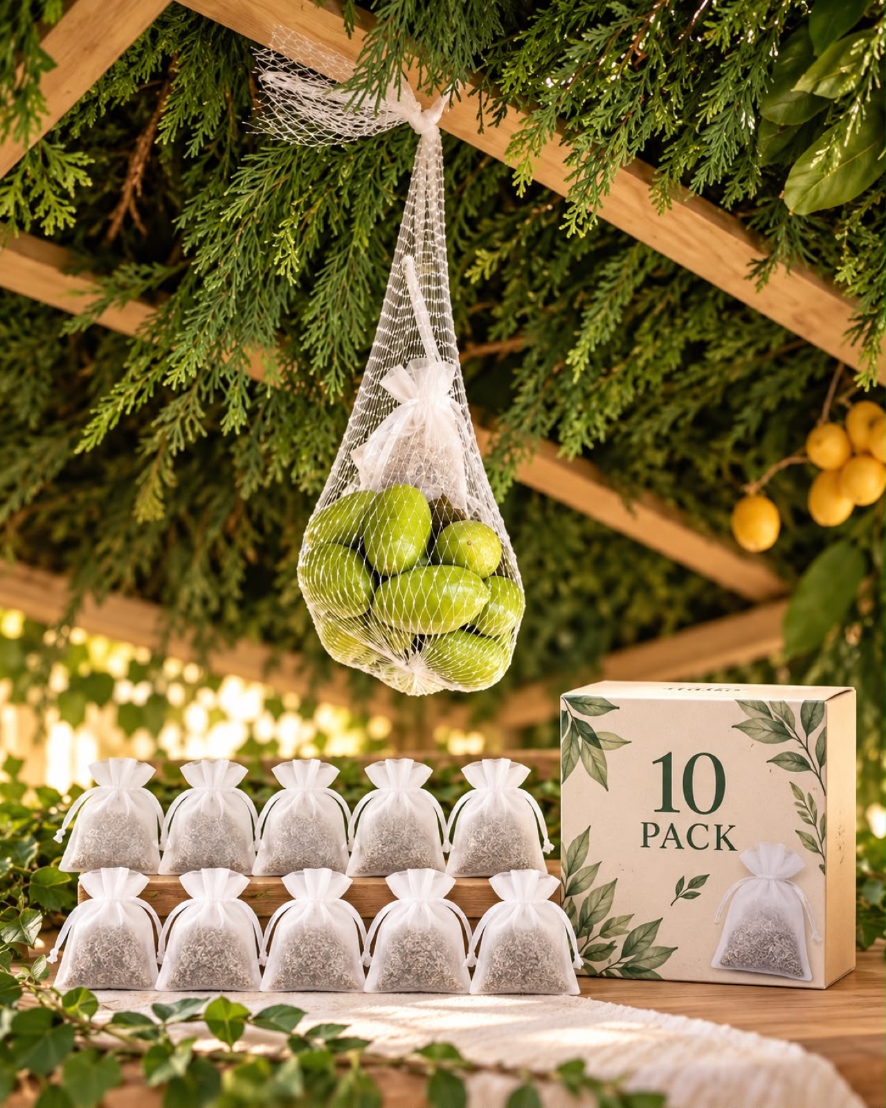 A repellent bag inside a hanging fruit net in a sukkah